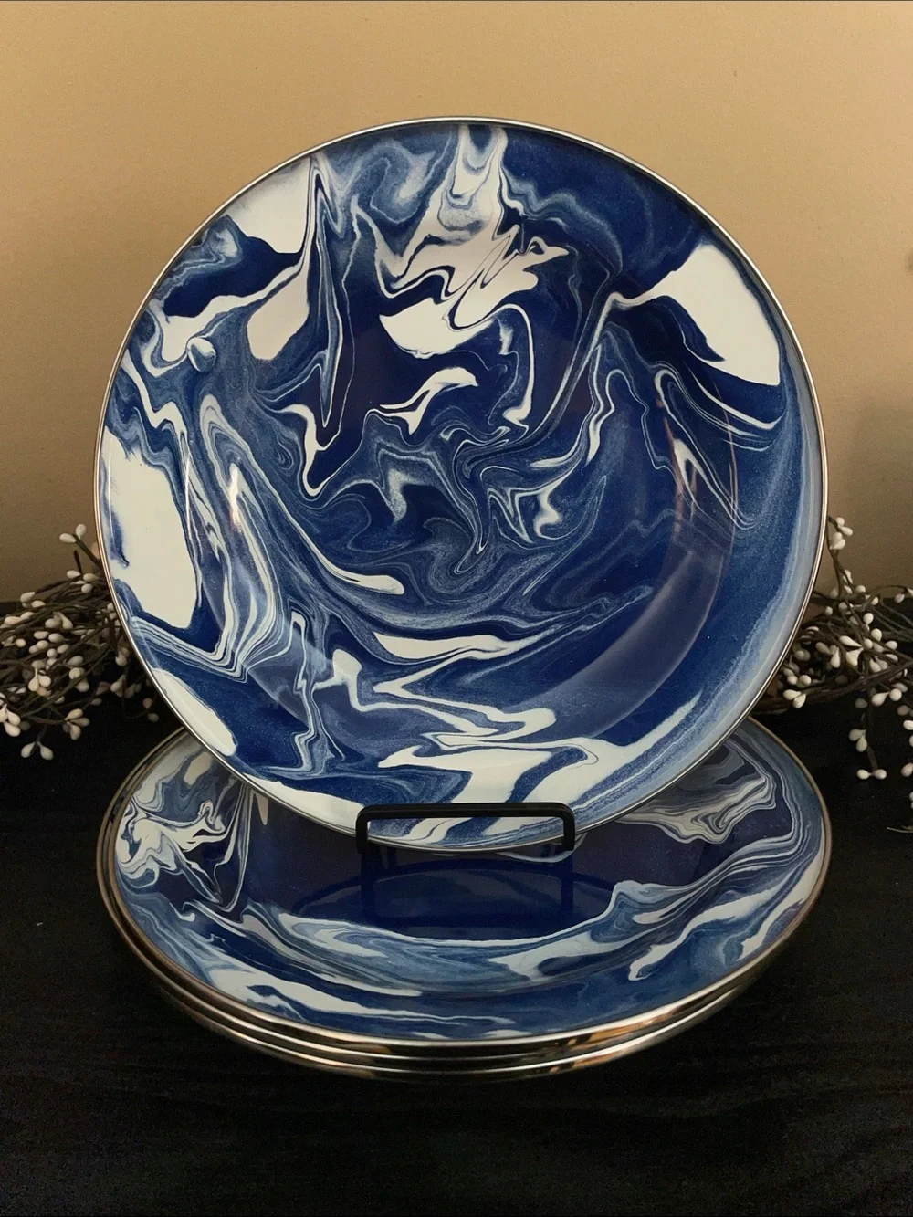 Pottery Barn Set of 4 Blue & White Swirl Carbon Steel Enamel Dipped Plates-10”